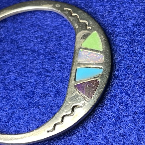 Unique Large Native American Sterling Circle Earrings w/inlaid Stone Veneers - Picture 2 of 5